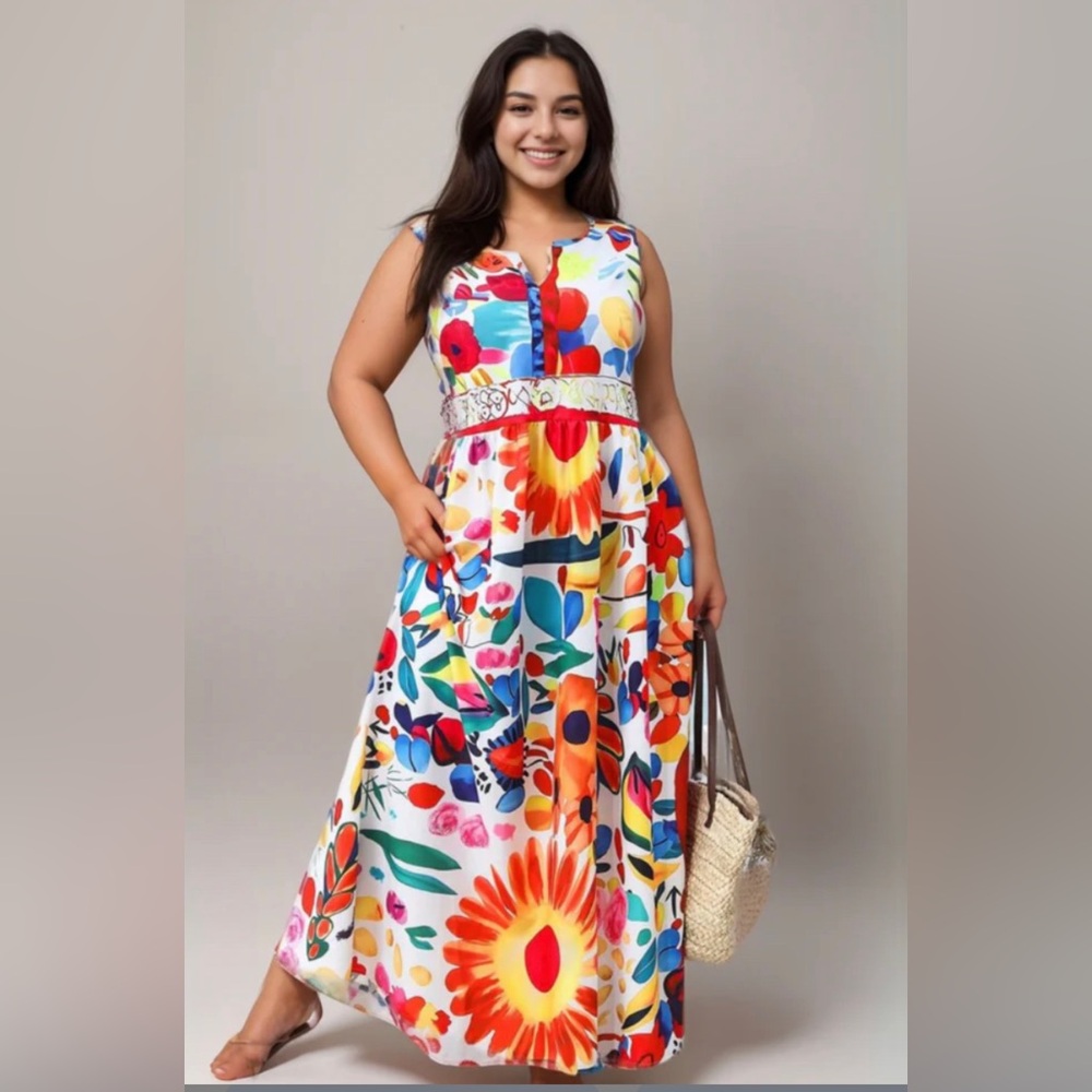 Floral Print Sleeveless Maxi Dress - White Multicolor